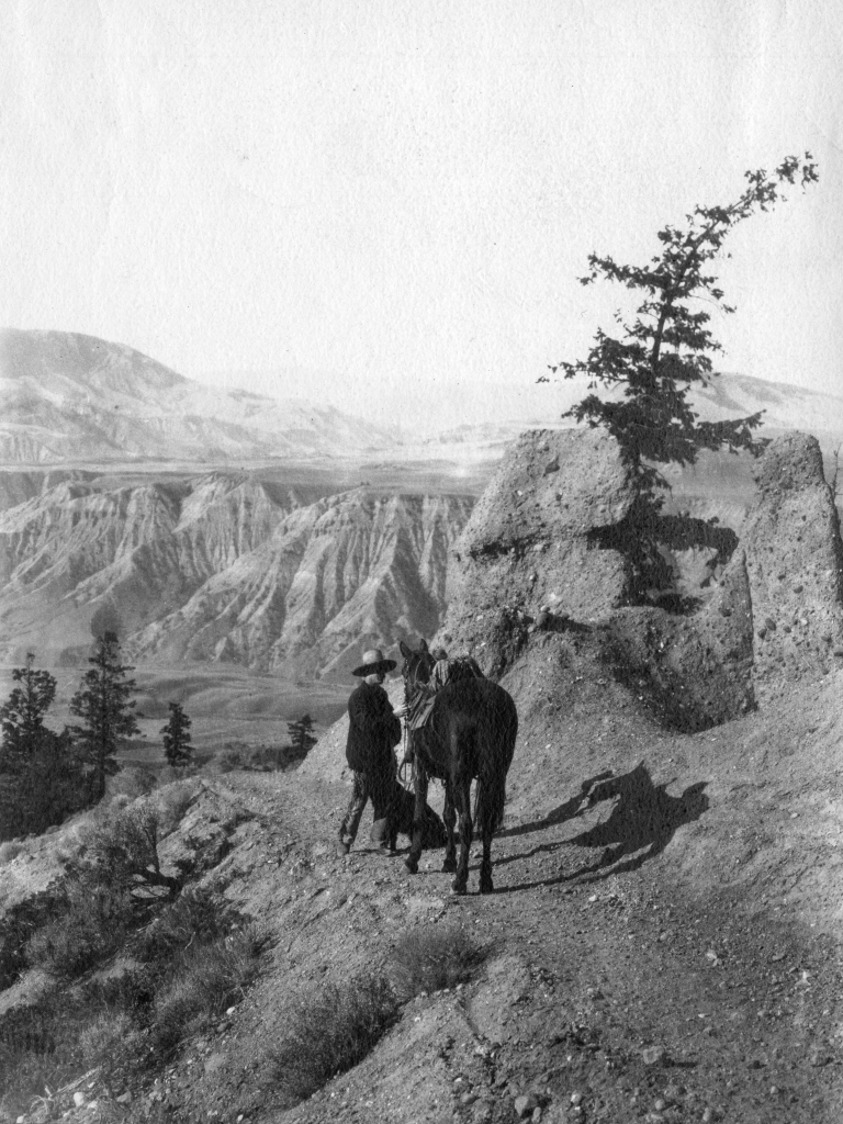 Teit on a tight section of trail on the 1904 hunting trip. Photograph by Homer Sargent. Copy courtesy of James M. Teit and Sigurd Teit.